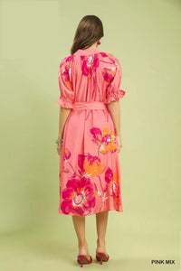 Umgee Floral Flounce Sleeve Midi Dress with Belted