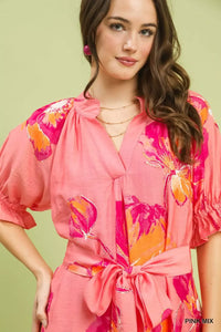 Umgee Floral Flounce Sleeve Midi Dress with Belted